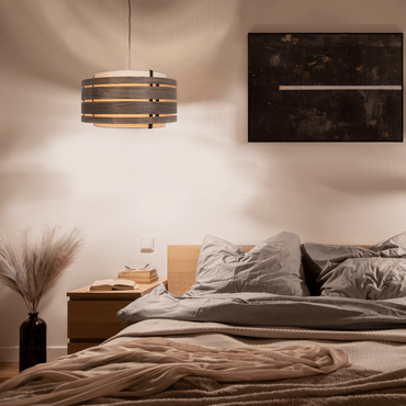 Dark walnut wood and fabric lamp shade by NeXtime Clocks, 50 cm diameter, modern lighting shade with sleek design.