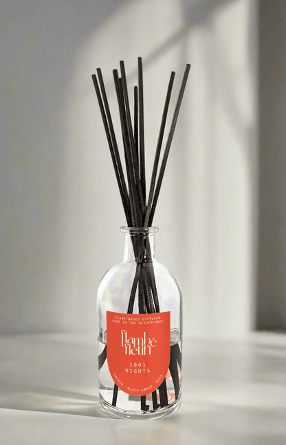 Flambé Fleuri 1001 Nights Reed Diffuser 120ml with decorative bottle and reed sticks for home fragrance.