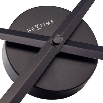 Close-up of a 70 cm aluminum wall clock by NeXtime Clocks, featuring black hands and a modern, minimalist design.