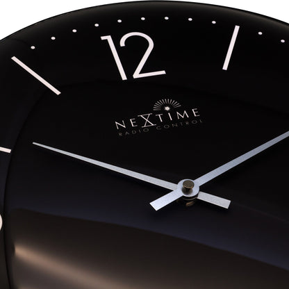 NeXtime Atomic wall clock with 35cm dome glass, radio-controlled DCF timekeeping, detailed close-up of design and clock face.