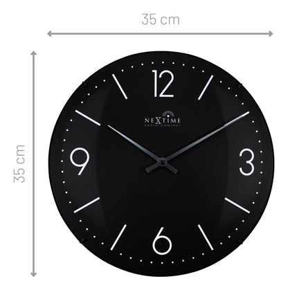 NeXtime Atomic wall clock with 35cm diameter, radio-controlled, dome glass design, featuring sleek modern style.