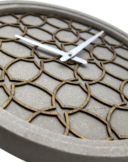 NeXtime wall clock featuring a concrete love design, 39.5 cm diameter, made of polyresin and wood with modern style.