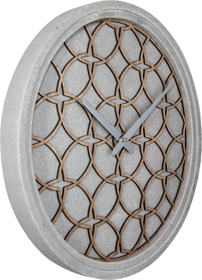 NeXtime wall clock with 39.5 cm concrete and wood design, featuring the 'Concreto love' motif, shown from the left side.