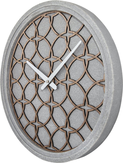 NeXtime Clocks wall clock with 39.5 cm diameter, polyresin and wood design, featuring a Concrete Love motif on the right side.