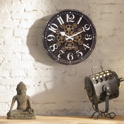 NeXtime Clocks Moving Gear Wall Clock "Henry," 50cm diameter with visible moving gear mechanism, modern industrial design.