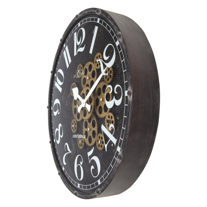 NeXtime Clocks Moving Gear Wall Clock "Henry" 50cm showing intricate gear design on a wall, right side view.