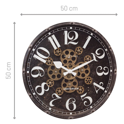 NeXtime Clocks Moving Gear Wall Clock "Henry", 50cm, decorative clock with gear design, black and metallic finish