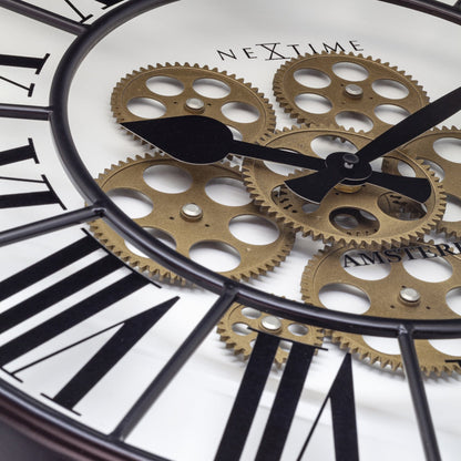 Large NeXtime Clocks Moving Gear Wall Clock, 50cm, "William" with intricate gear design and modern industrial style.