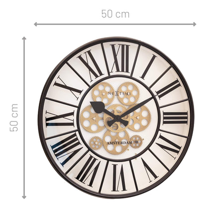 Large NeXtime Clocks Moving Gear Wall Clock, 50cm diameter with intricate gear design and modern style, named William.