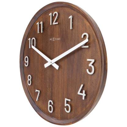 Ruimtevullende wandklok van 50cm van NeXtime, zwart hout en metaal, stille klok met 'Precious' ontwerp, rechterkant close-up