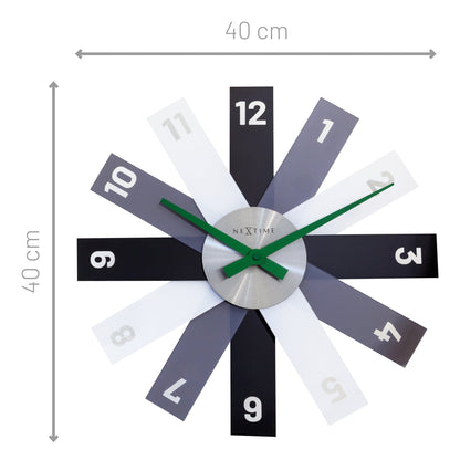 NeXtime Clocks 40cm silent wall clock with acrylic and metal frame, sleek modern design, labeled "Plexi."