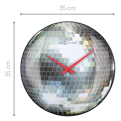 NeXtime Clocks 35cm silent wall clock with dome glass and disco ball design, perfect for modern home decor.