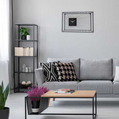 Large black metal wall clock by NeXtime, silent design, measures 70x45x15cm, modern interior decor piece