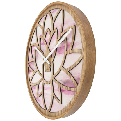 Wandklok 40cm van NeXtime Clocks, roze houten klok met stil uurwerk en lotusdesign, rechts op de afbeelding te zien