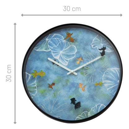 Blue plastic wall clock by NeXtime Clocks, 30cm silent clock with pond design, perfect for modern home decor.