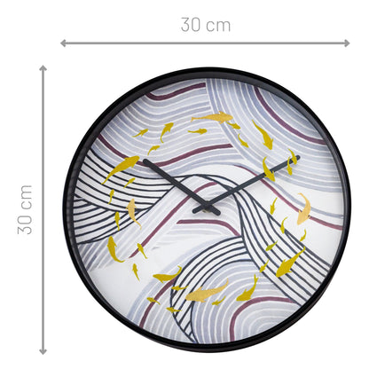 Gray NeXtime Clocks wall clock, 30cm silent plastic design featuring a koi fish pattern on the clock face.