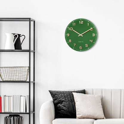 NeXtime Clocks 40cm green wall clock with silent movement, glass and aluminium frame, model "Classy Medium."