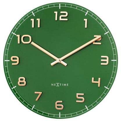 NeXtime Clocks Classy Medium green 40cm wall clock with silent glass and aluminium design, front view.