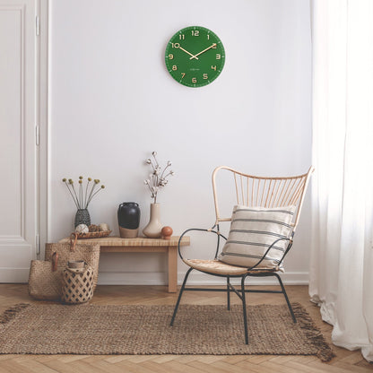 NeXtime Clocks Classy Medium green 40cm wall clock with silent quartz movement, glass and aluminum design, interior setting