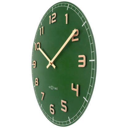 NeXtime Clocks 40cm green glass and aluminum wall clock, silent operation, "Classy Medium" style, right side view