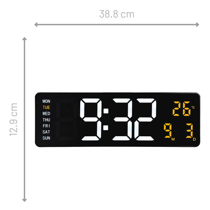 Black NeXtime Super Digi digital wall clock showing time display with large digits, measuring 38.8x12.9x3.2cm.