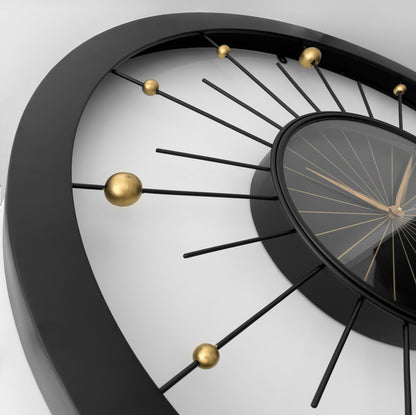 Large black metal NeXtime Orbit wall clock, 90cm diameter, with a silent mechanism and modern design.
