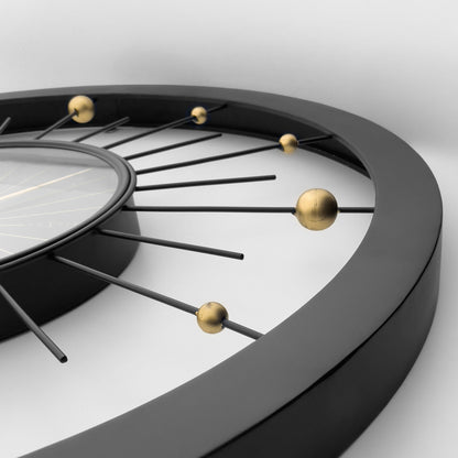 Large black metal NeXtime Orbit wall clock, 90cm diameter, with a modern, minimalist design and silent operation.