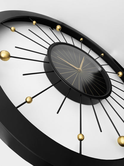 Large black metal NeXtime Orbit wall clock, 90cm silent design with modern round face and minimalist style.
