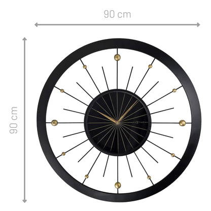 Large black metal NeXtime Orbit wall clock, 90cm diameter, with a silent mechanism and modern design.