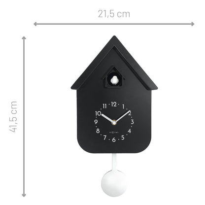 NeXtime Twitter wall clock with pendulum, black and white design, measuring 21.5x41.5x8.5cm, featuring a cuckoo mechanism.