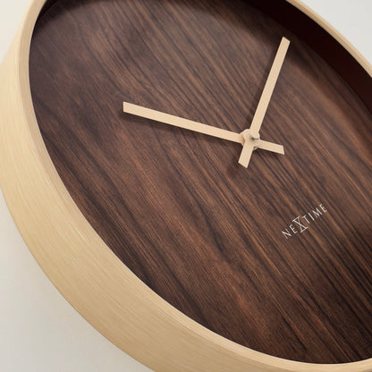 Dark and light brown NeXtime Oslo wall clock, 30cm diameter, silent operation, plastic construction with detailed clock face.