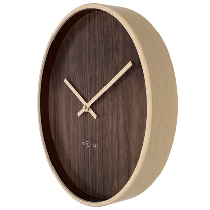 Dark and light brown NeXtime Oslo wall clock, 30cm, silent operation, plastic construction, shown from the right side.