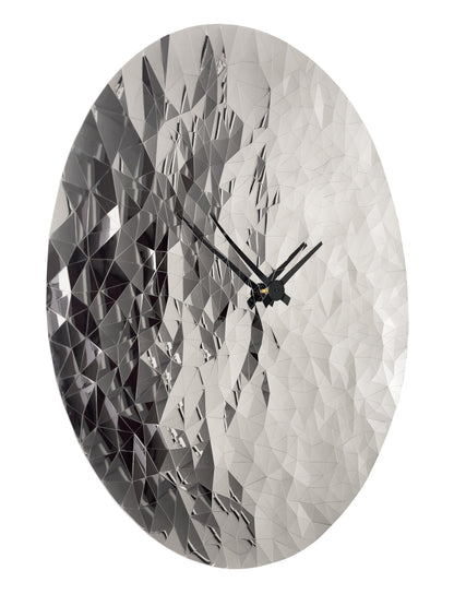 NeXtime stainless steel wall clock with 80cm diameter, silent movement, chrome finish, featuring a modern "Fragments" design.
