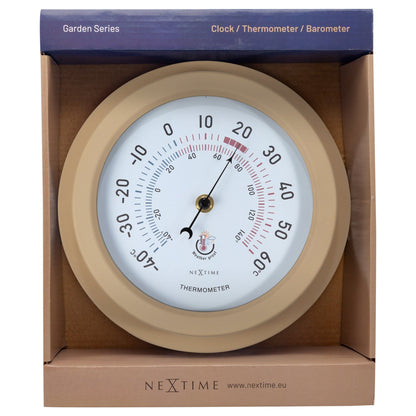Weatherproof garden thermometer by NeXtime Clocks, 22cm galvanized metal Lily design, displayed in packaging.
