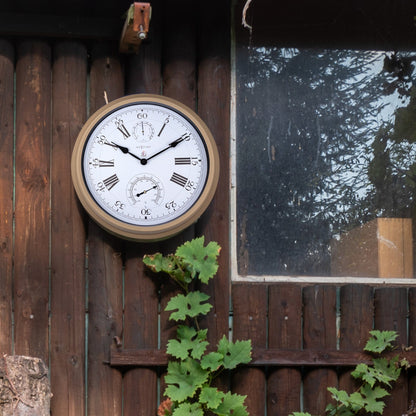 NeXtime Garden Clock weatherstation wall clock in hyacinth metal with weatherproof design, 40.5 cm diameter.