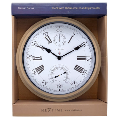 NeXtime Clocks garden weatherstation wall clock in Hyacinth color, weatherproof metal, 40.5 cm diameter for outdoor use