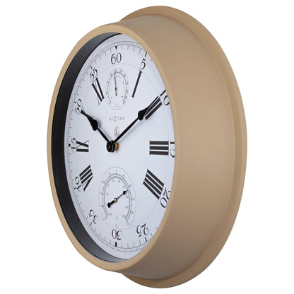 NeXtime Clocks garden wall clock in Hyacinth color, weatherproof metal weatherstation with 40.5 cm diameter, right side view.