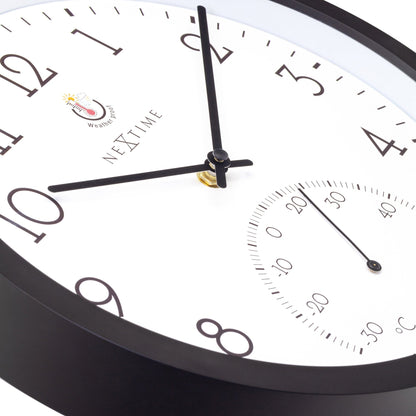 Weatherproof outdoor garden clock with thermometer in marigold color, 30.5 cm diameter, by NeXtime Clocks.