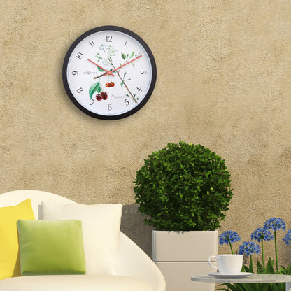 Weatherproof outdoor garden clock by NeXtime Clocks, 30.5 cm diameter with Prunus design, suitable for outdoor use