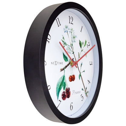 Weatherproof outdoor garden clock by NeXtime Clocks, 30.5 cm diameter with Prunus design, shown from the left side.