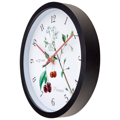 Weatherproof outdoor garden clock by NeXtime Clocks, 30.5 cm diameter, featuring a Prunus design, shown from the right side.
