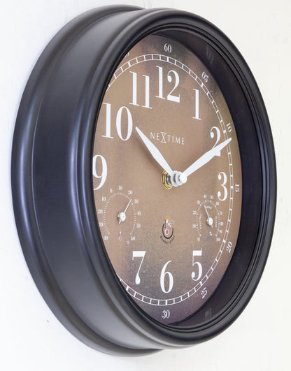 NeXtime Clocks garden weatherstation wall clock, 23.5 cm, weatherproof, Jasmine, showing time and outdoor weather data.