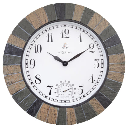 Large NeXtime garden clock with weatherproof polyresin exterior, featuring a thermometer and a 43.5 cm Aster design.