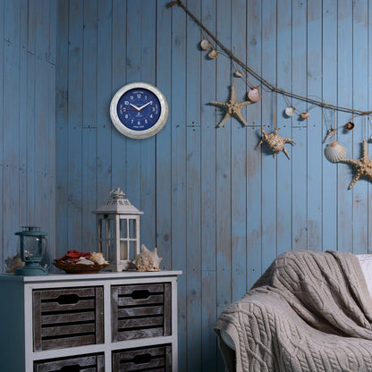 NeXtime Tide wall clock with galvanized silver finish showing tide status, 22cm diameter, stylish marine-inspired design