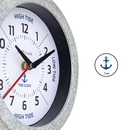 NeXtime Tide wall clock with galvanized silver finish, 22cm diameter, displaying tide status with detailed clock face.