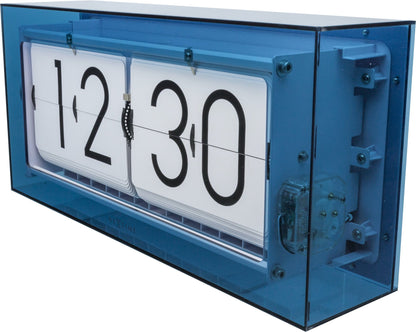 NeXtime Big Flip Clear acrylic table clock, 36 cm tall, with modern flip digit design, right side view.