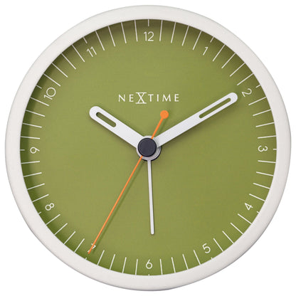 NeXtime Clocks small metal table alarm clock with light function, silent operation, measuring 9x9x7.5cm, front view.