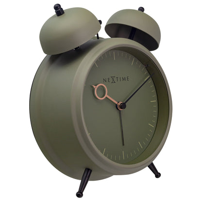 NeXtime Clocks golden hour metal alarm clock, silent with light function, measuring 15x18x7cm, seen from the left side.