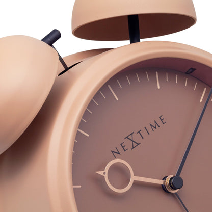 NeXtime Clocks golden hour metal alarm clock with light function, silent operation, measuring 15x18x7cm, detailed close-up.