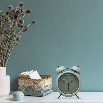 NeXtime Clocks golden metal alarm clock with light function, silent operation, 15x18x7cm, modern design.